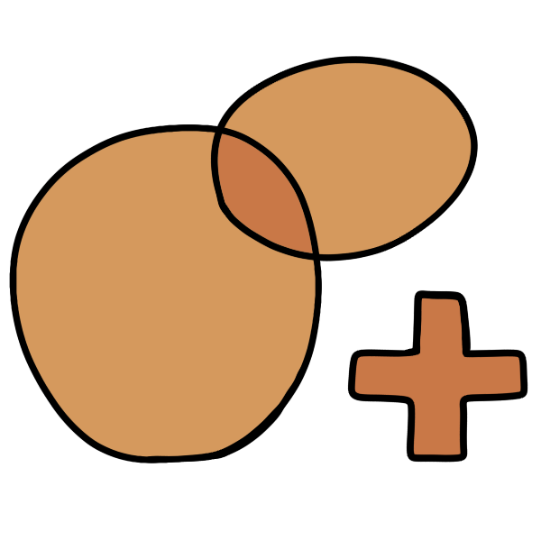  Two overlapping orange circles, the top smaller than the bottom above and to the left of a darker orange plus sign.